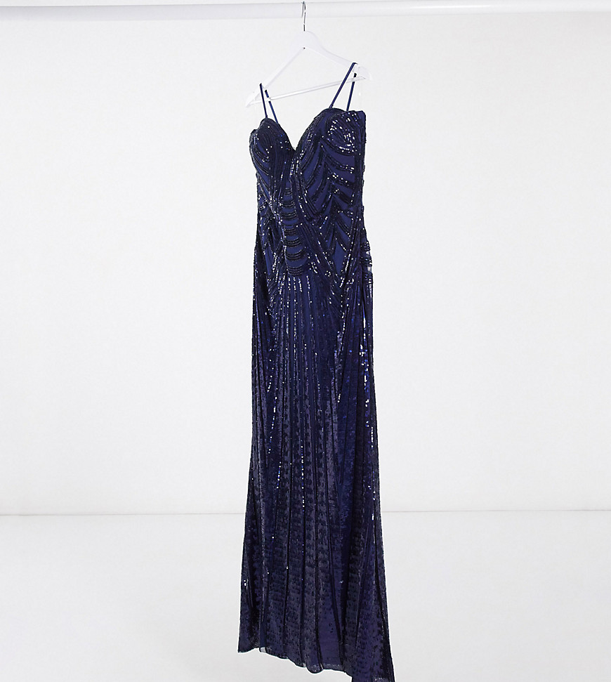 Goddiva Plus - Lange bandeau-jurk met hoge split en lovertjes in marineblauw