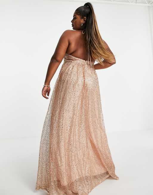 Goddiva Plus - Lange jurk met cami-bandjes en glitters in metallic beigeroze, 2 van 4