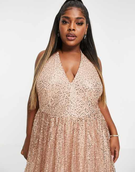 Goddiva Plus - Lange jurk met cami-bandjes en glitters in metallic beigeroze, 3 van 4