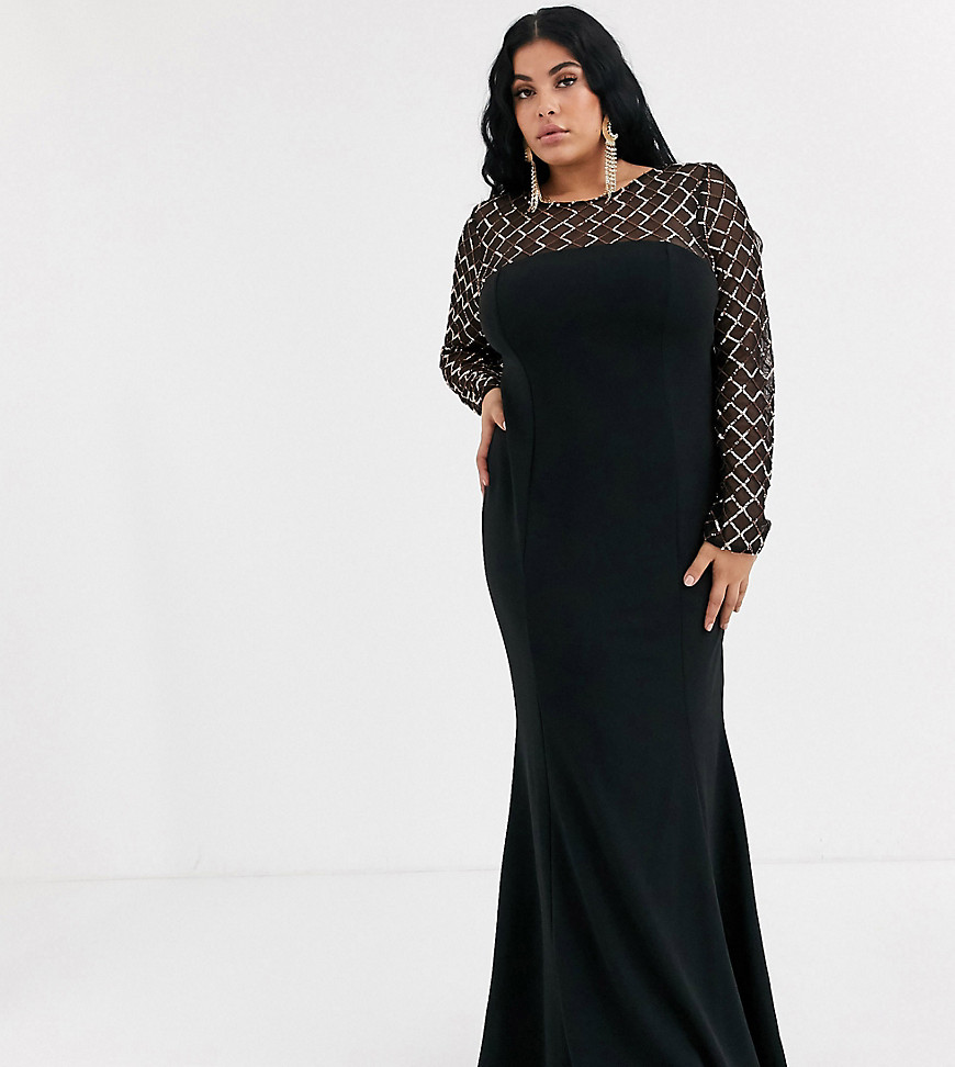 Goddiva Plus - Lange jurk met kruisbandjes en lovertjes in zwart