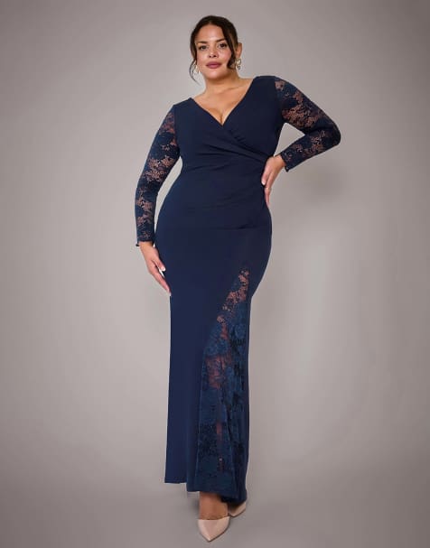 Goddiva Plus long sleeve lace detail maxi dress in navyblue - view 1