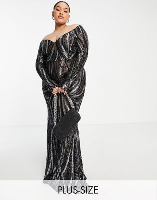 Goddiva Plus long sleeve sequin maxi dress in black and gold