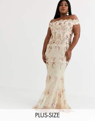 Goddiva Plus maxi dress with baroque embellishment in rose gold