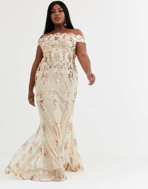 Goddiva Plus maxi dress with baroque embellishment in rose gold