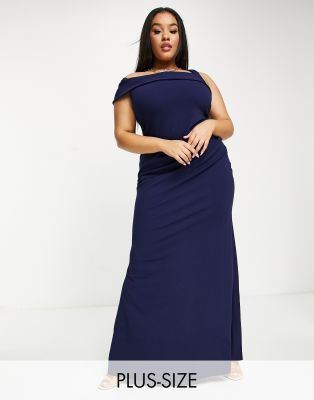 Goddiva Plus one shoulder fishtail maxi dress in navy