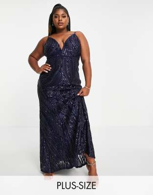 Goddiva Plus plunge maxi sequin dress in navy