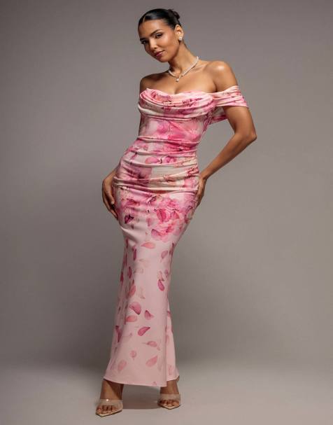 Goddiva Printed cowl neck pleated waist maxi dress in pink - view 1