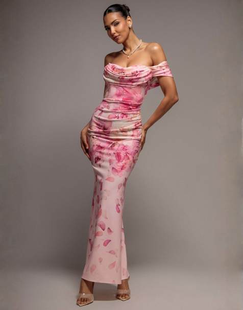 Goddiva Printed cowl neck pleated waist maxi dress in pink