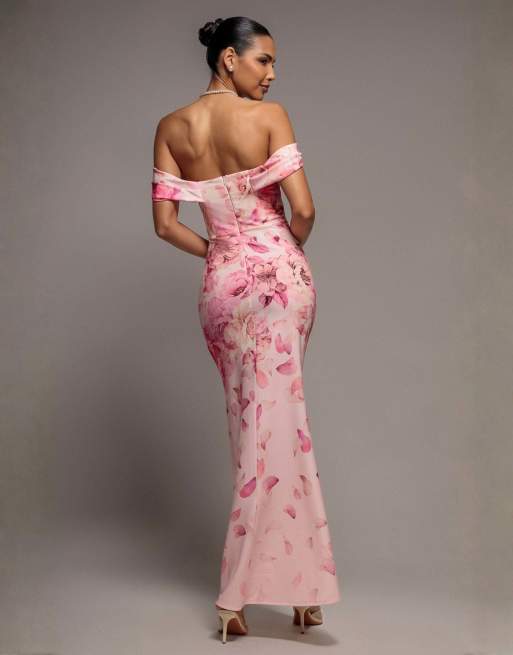 Goddiva Printed cowl neck pleated waist maxi dress in pink, 2 of 4