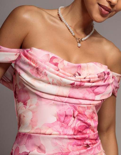 Goddiva Printed cowl neck pleated waist maxi dress in pink, 3 of 4
