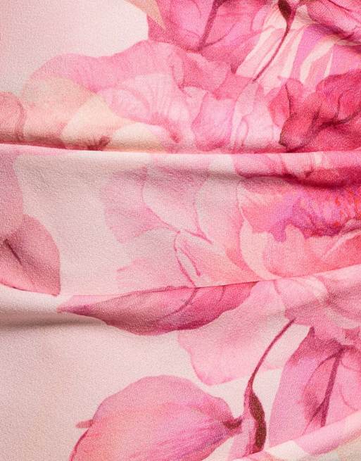 Goddiva Printed cowl neck pleated waist maxi dress in pink, 4 of 4