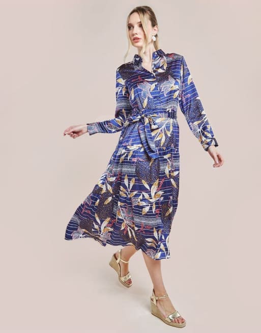 Goddiva Printed tiered shirt midi dress in navy