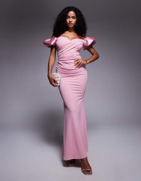 Goddiva Puffy Satin Sleeve MAXi Dress in Blush in Scuba-Style Fabric