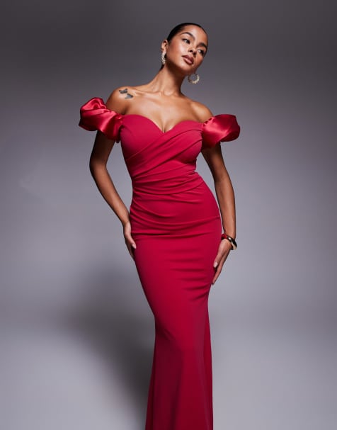 Goddiva Puffy Satin Sleeve MAXi Dress in Magenta in Scuba-Style Fabric