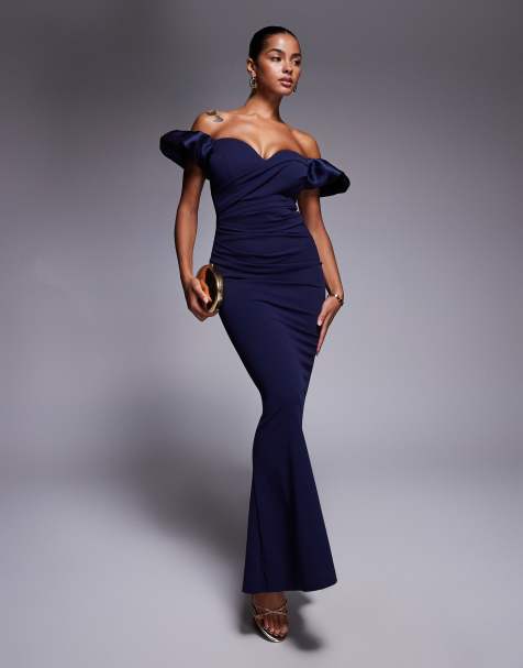 Goddiva Puffy Satin Sleeve MAXi Dress in Navy in Scuba-Style Fabric
