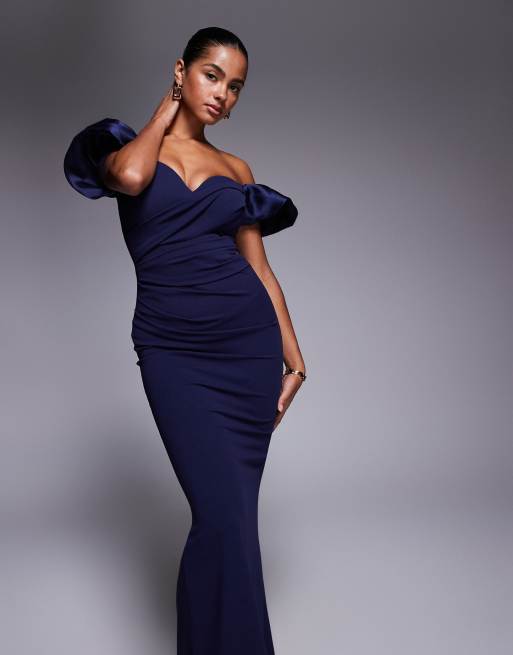 Goddiva Puffy Satin Sleeve MAXi Dress in Navy in Scuba-Style Fabric, 2 of 4
