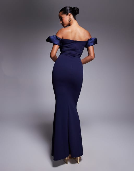 Goddiva Puffy Satin Sleeve MAXi Dress in Navy in Scuba-Style Fabric, 3 of 4