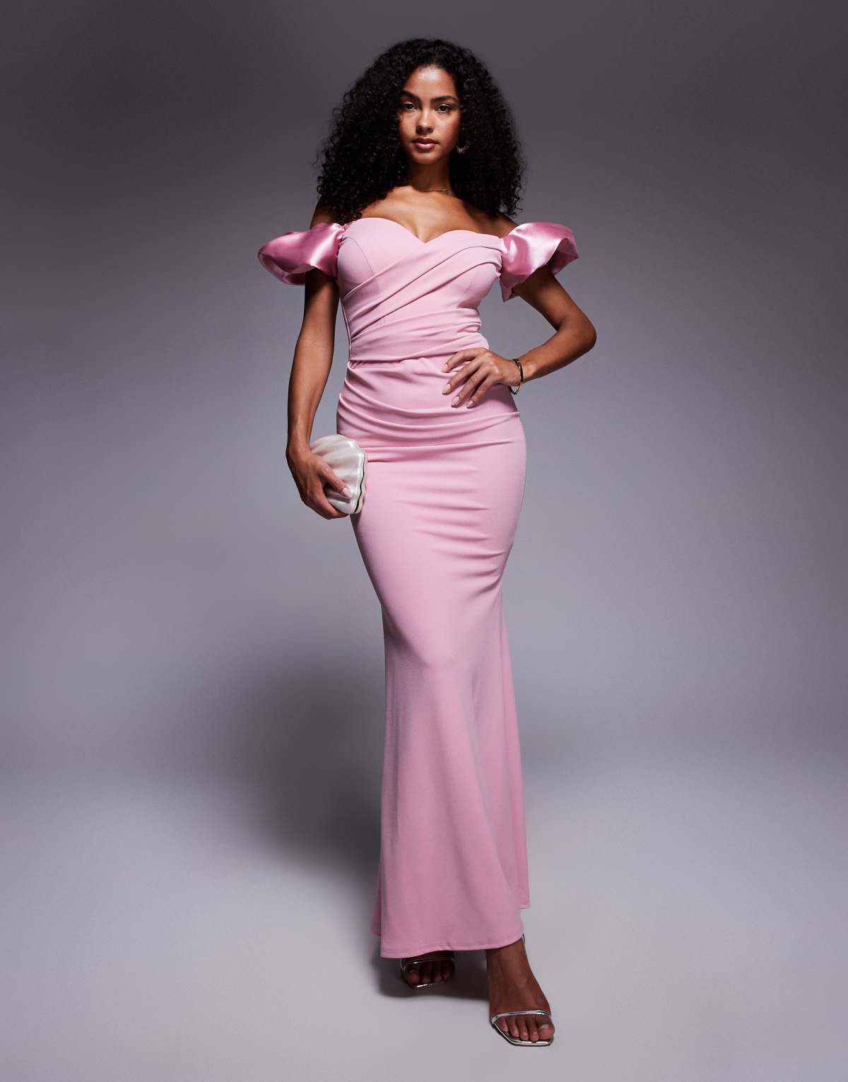 Goddiva Puffy satin  sleeve scuba maxi dress in blush