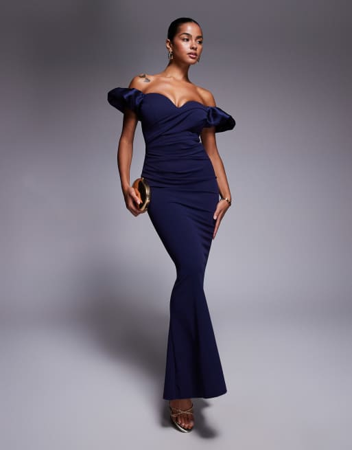 Goddiva Puffy satin  sleeve scuba maxi dress in navy