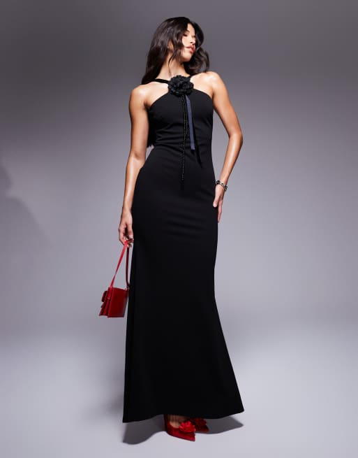 Goddiva Racer neck corsage scuba maxi in black