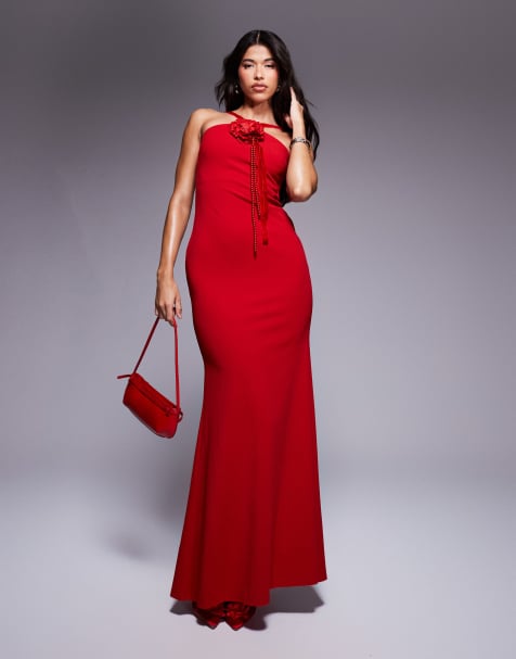 Goddiva Racer neck corsage scuba maxi in red - view 1