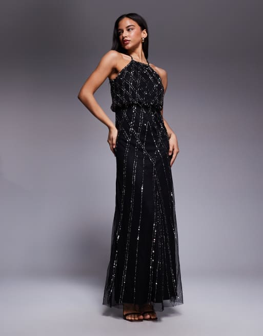 Goddiva Racer neck sleeveless hand embellished sequin maxi dress in black
