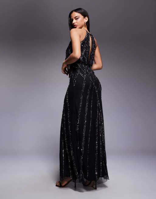 Goddiva Racer neck sleeveless hand embellished sequin maxi dress in black, 3 of 4