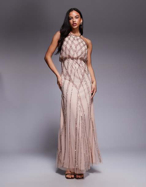 Goddiva Racer neck sleeveless hand embellished sequin maxi dress in champagne - view 1