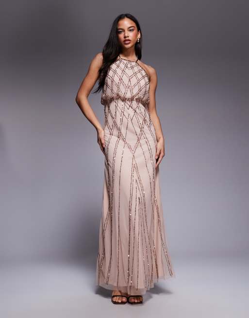 Goddiva Racer neck sleeveless hand embellished sequin maxi dress in champagne