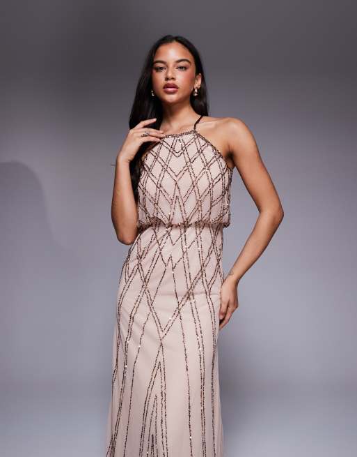 Goddiva Racer neck sleeveless hand embellished sequin maxi dress in champagne, 2 of 4