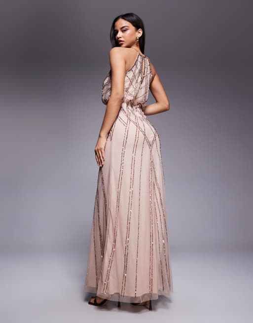 Goddiva Racer neck sleeveless hand embellished sequin maxi dress in champagne, 3 of 4