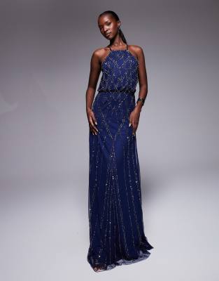 Goddiva Racer Neck Sleeveless Hand Embellished Sequin Maxi Dress In Blue