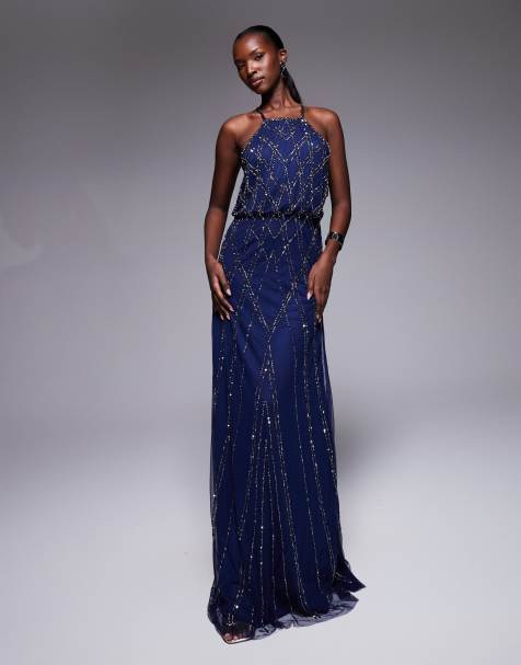 Goddiva Racer neck sleeveless hand embellished sequin maxi dress in navyblue