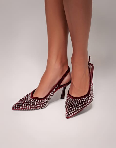 Goddiva Rhinestone slingback heeled court shoes in wine - view 1