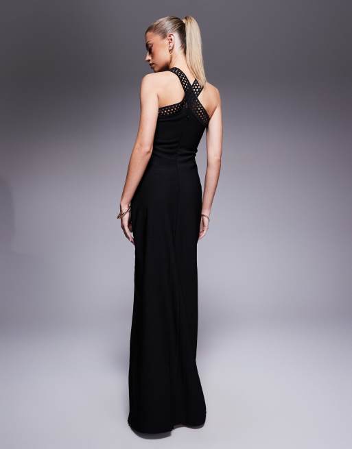 Goddiva Ribbed criss cross halter neck maxi dress with thigh split in black  | ASOS