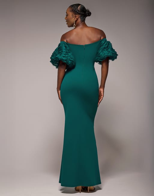 Goddiva - Robe longue à épaules dénudées et manches bouffantes avec détails en 3D - Vert émeraude, 2 de 4