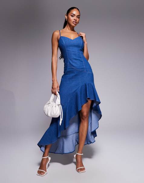 Goddiva - Robe longue en jean à volant asymétrique - Bleu denim - view 1