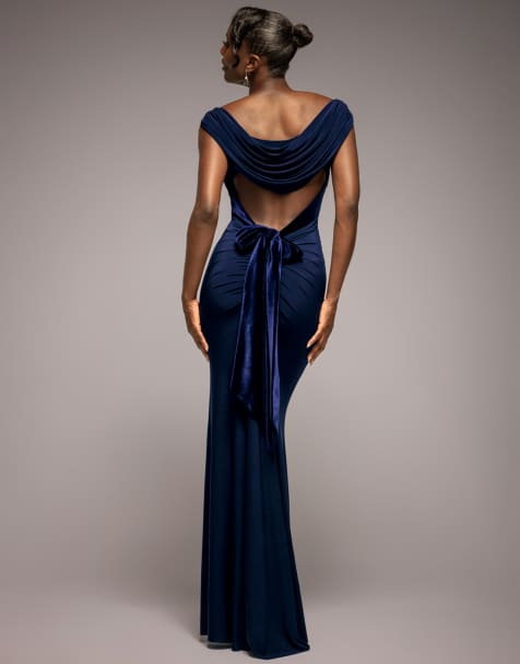 Goddiva - Robe longue froncée à encolure bénitier ouverte au dos avec liens en velours - Bleu marine - view 1