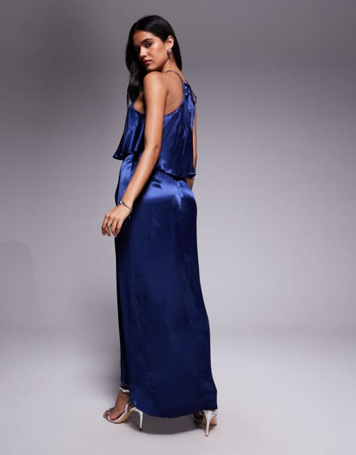 Goddiva - Robe portefeuille longueur mollet en viscose de satin - Bleu marine, 2 de 4
