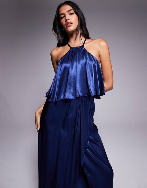 Goddiva - Robe portefeuille longueur mollet en viscose de satin - Bleu marine, 3 de 4