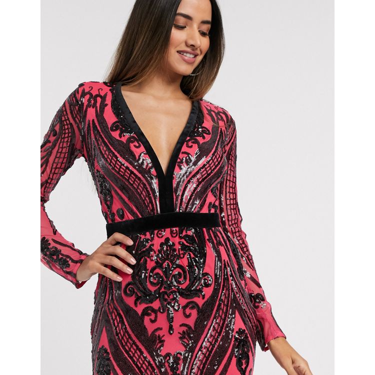 Goddiva – Różowo-czarna sukienka maxi z głębokim dekoltem w serek, ozdobnym  haftem i cekinami | ASOS