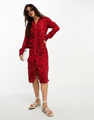 Goddiva ruched front midi dress in red floral - ASOS Price Checker