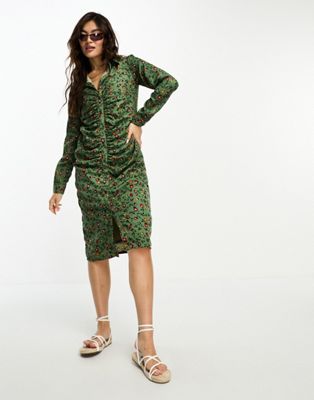 Goddiva ruched front midi dress in sage green floral - ASOS Price Checker
