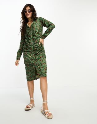 Goddiva Sustainable Floral Print Midi Wrap Dress With Flutter Sleeves - Duck Egg
