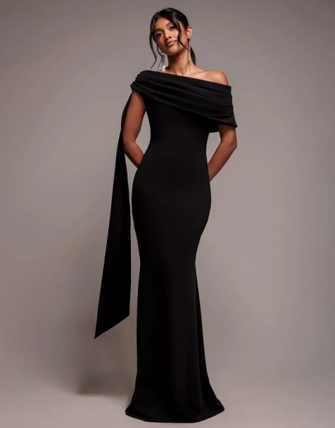 Goddiva Sash one shoulder bardot maxi dress in black
