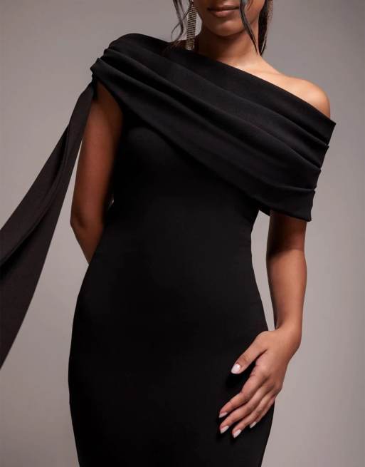 Goddiva Sash one shoulder bardot maxi dress in black, 2 of 4