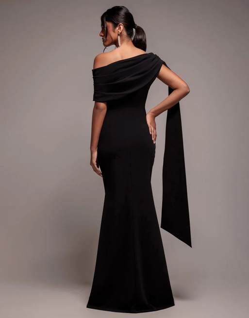 Goddiva Sash one shoulder bardot maxi dress in black, 3 of 4