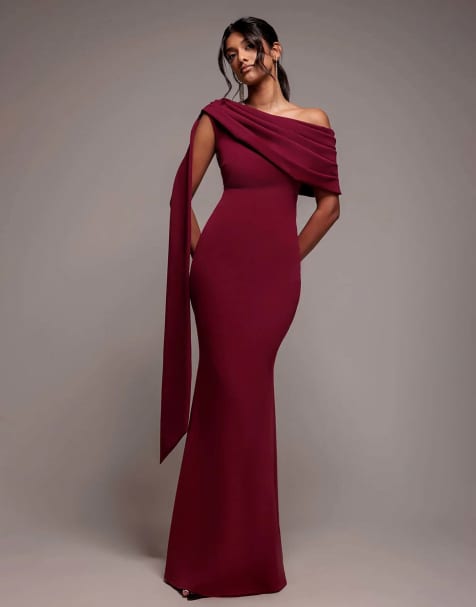 Goddiva Sash one shoulder bardot maxi dress in burgundy