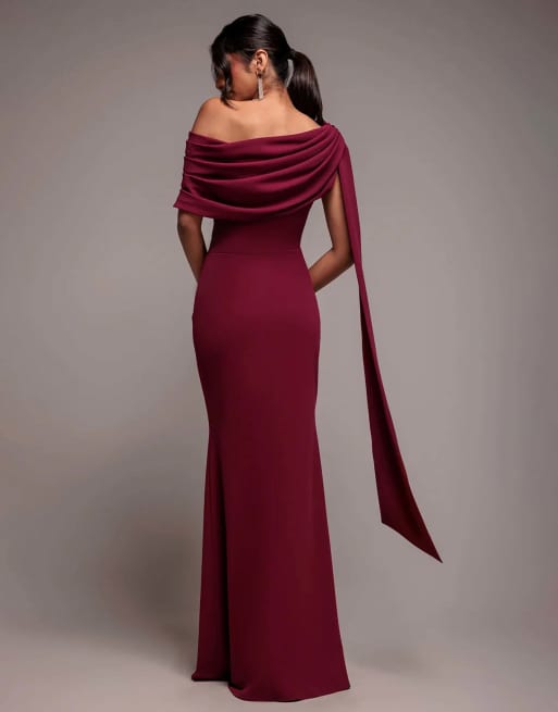 Goddiva Sash one shoulder bardot maxi dress in burgundy, 2 of 4