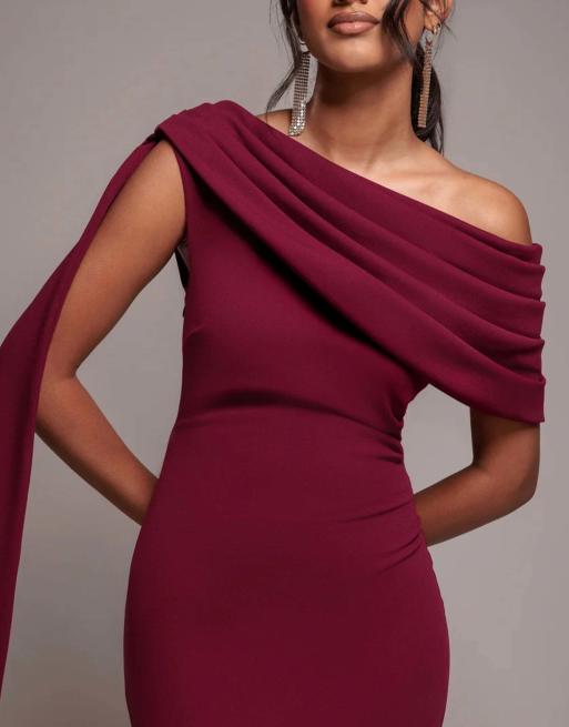 Goddiva Sash one shoulder bardot maxi dress in burgundy, 3 of 4